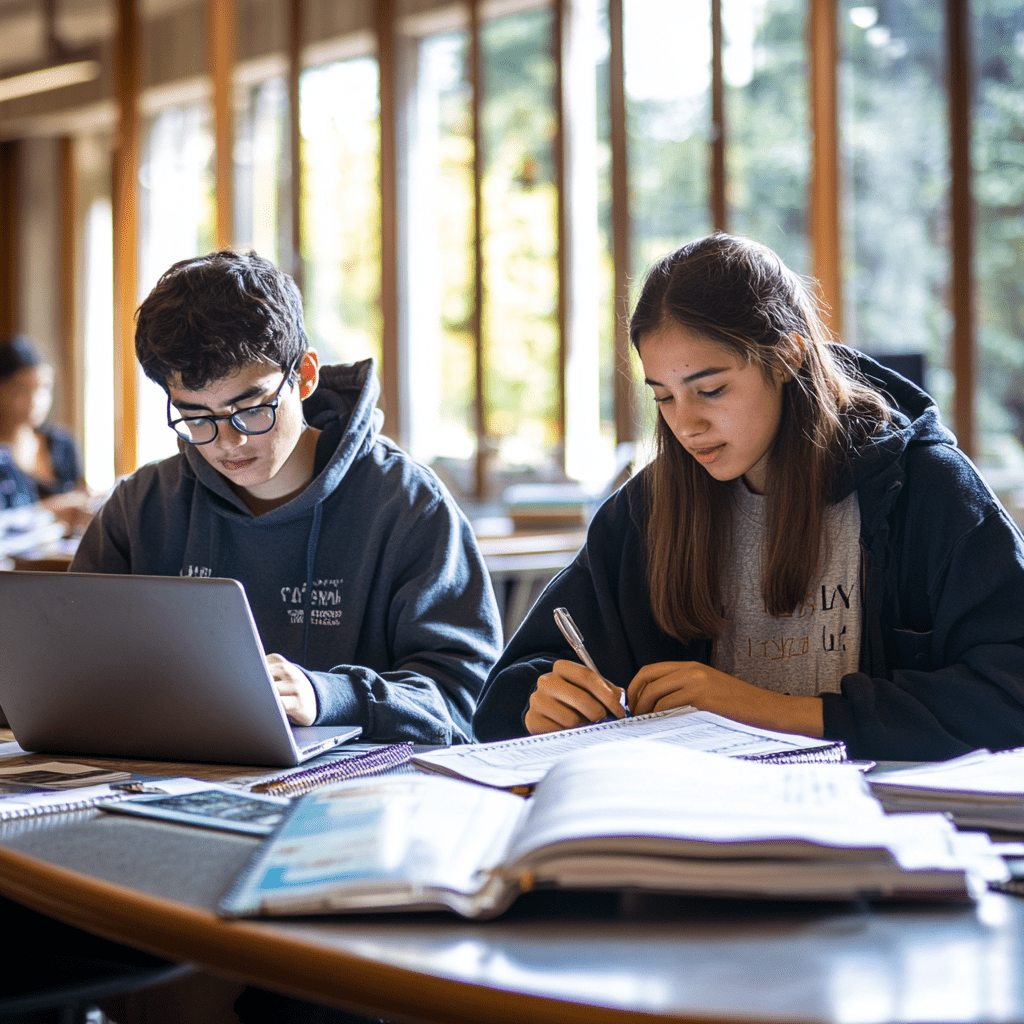 Students engaged in a focused study session at a well-lit, organized workspace, symbolizing learning and academic success.