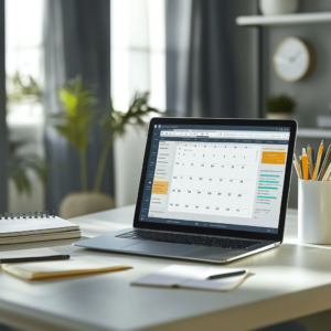 Online tutoring setup with a laptop displaying a calendar of scheduled sessions and study materials on the desk, representing organized group learning.