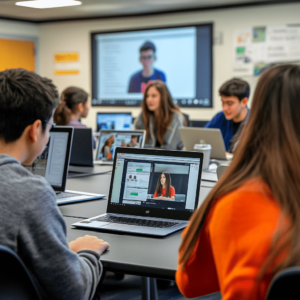 Virtual group learning session with high school students engaged on individual laptops, led by a teacher in a collaborative and interactive online classroom.