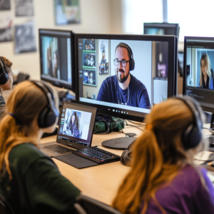 Virtual group tutoring session with a teacher guiding engaged high school students on individual screens in a collaborative online learning environment.
